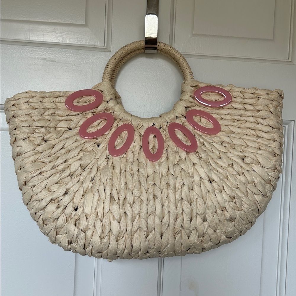 Natural Straw Tote with Pink Ring Accents